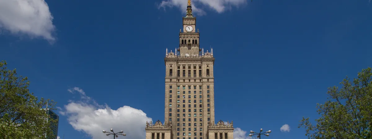 The Palace of Culture and Science tower rising above central Warsaw's Śródmieście district