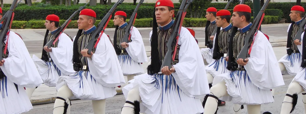 Evzones presidential guards marching during the Changing of the Guard ceremony at Syntagma Square, Athens