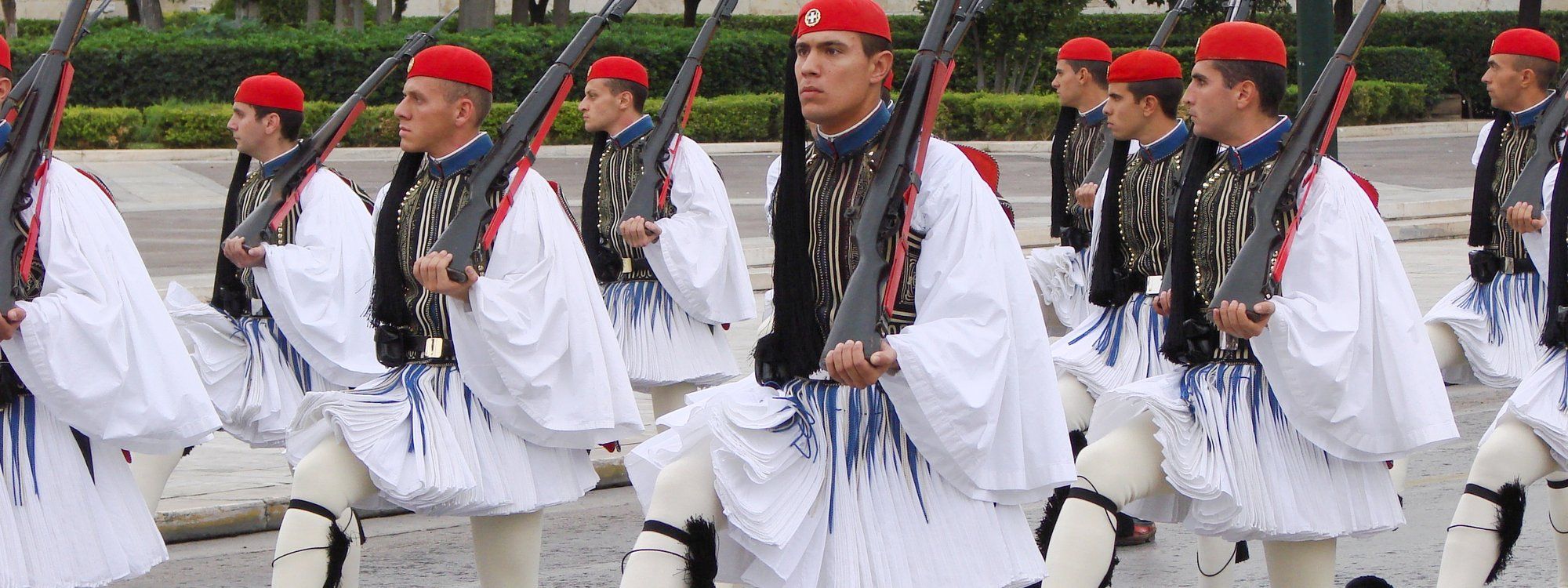 Evzones presidential guards marching during the Changing of the Guard ceremony at Syntagma Square, Athens