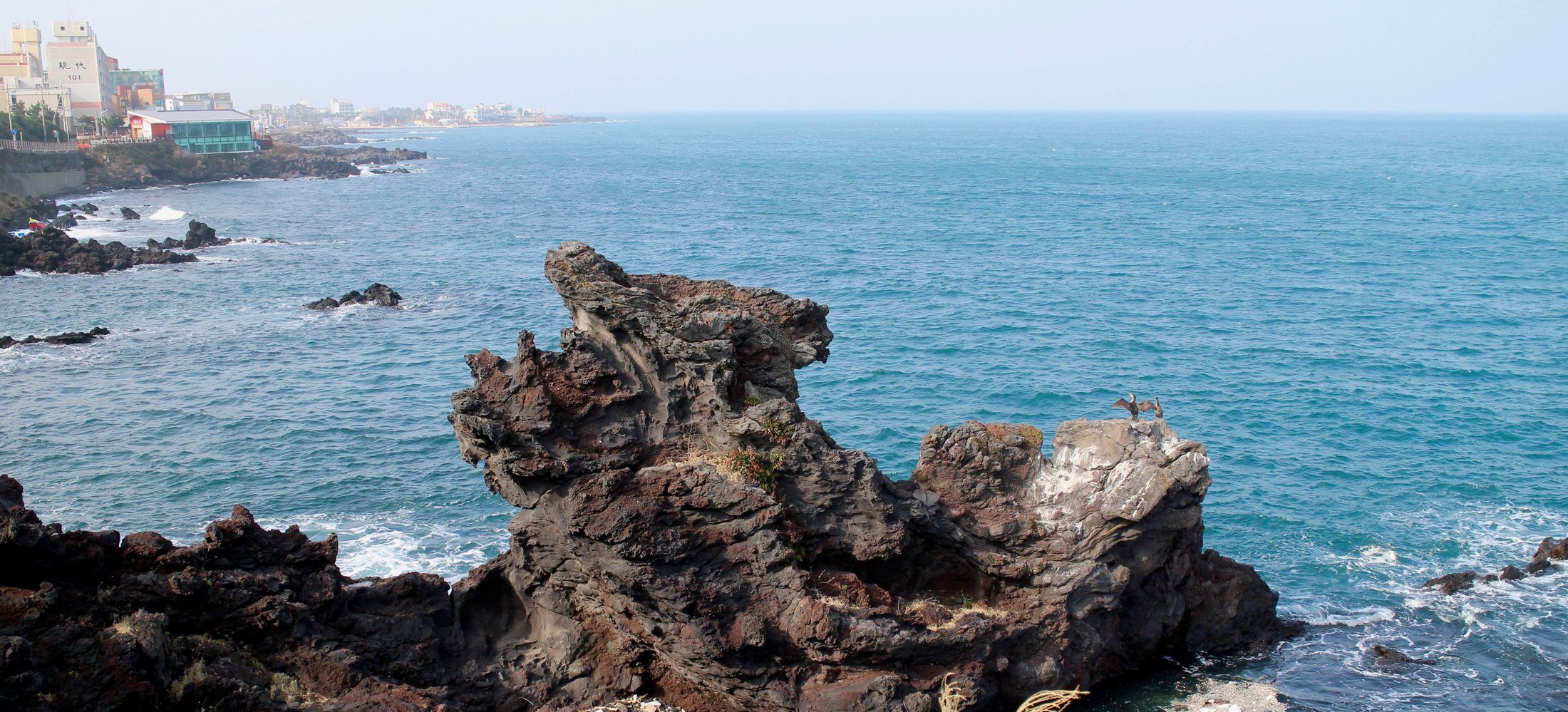 Yongduam, a dragon head-shaped volcanic rock formation, jutting into the sea off Jeju City's Tapdong waterfront, with the city skyline behind