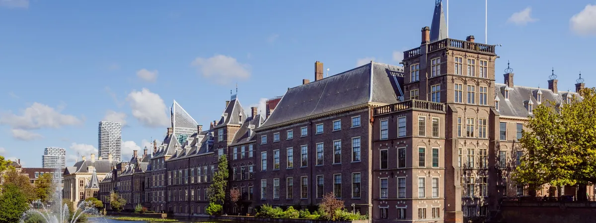 The Binnenhof's brick facades and turrets along the Hofvijver pond, with modern high-rises behind