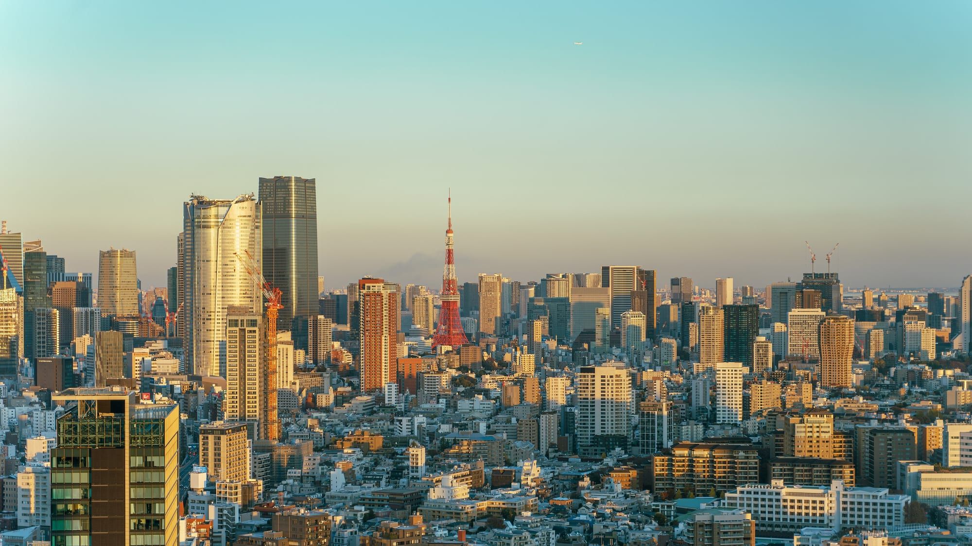 Tokyo Tower lit up at sunset above the Minato City skyline