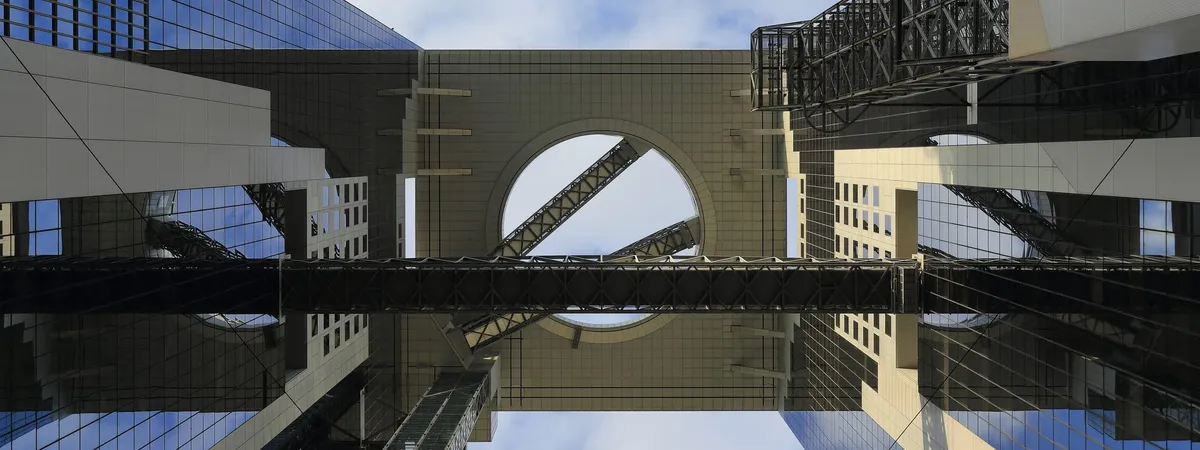 The twin towers of the Umeda Sky Building connected by its ring-shaped Floating Garden Observatory