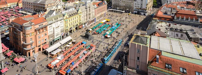 Aerial view over Ban Jelačić Square and the Dolac market stalls in central Zagreb