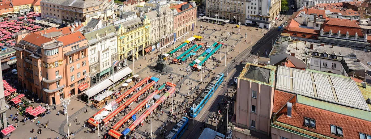 Aerial view over Ban Jelačić Square and the Dolac market stalls in central Zagreb